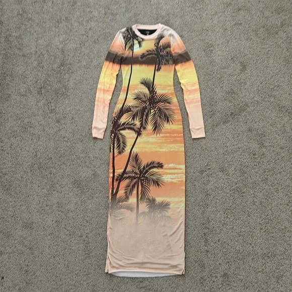 AFRM Dress Womens Extra Small Sunrise Palms Maxi Bodycon Mesh Scenic Print - Picture 2 of 12